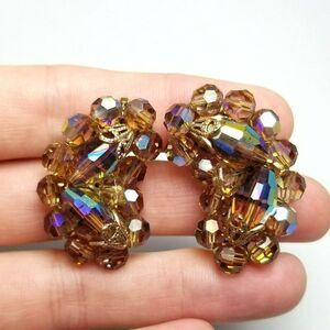 Vintage Amber Color AB Faceted Glass Bead Cluster Clip On Earrings, Kidney Bean